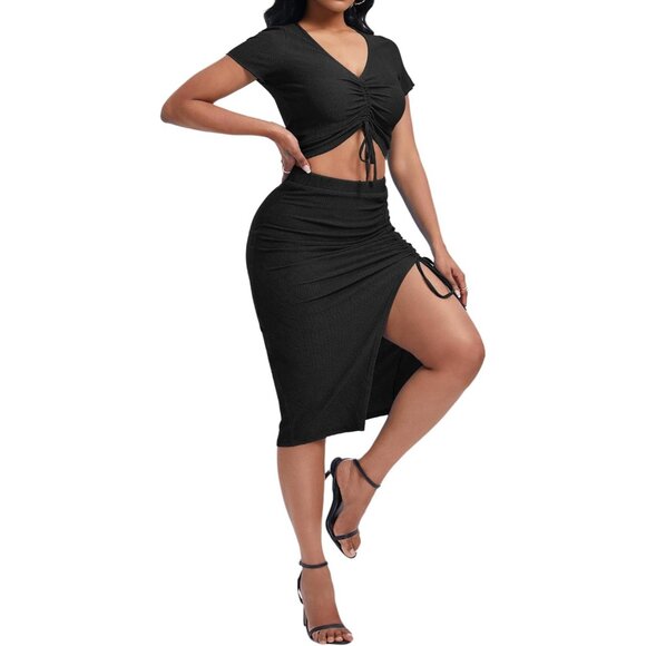 Women's Casual Crop Top and High Waist Slim Skirt Set Black Medium - Picture 5 of 6